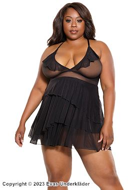 Gjennomsiktig babydoll, gjennomsiktig netting, volangkant, plus size